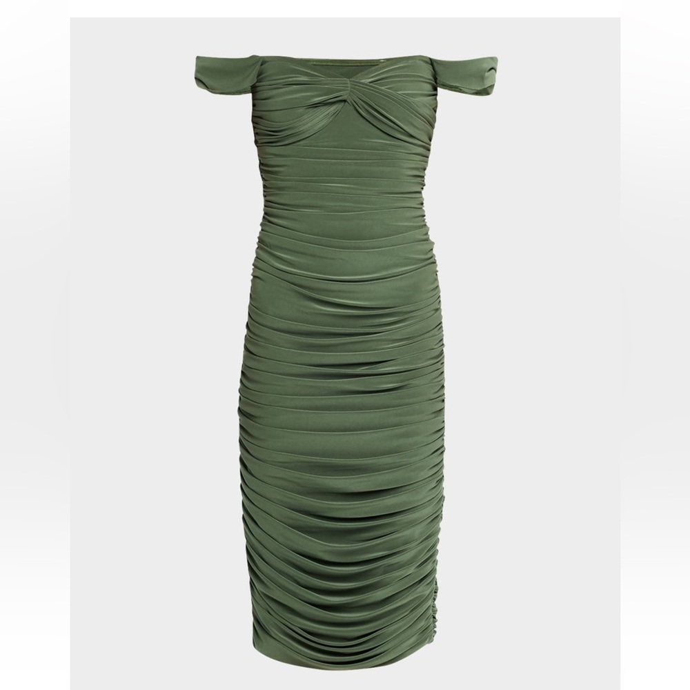 Norma Kamali Green Ruched Off-Shoulder Midi Dress